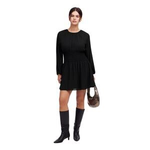 Madewell Black Chiffon Smocked Waist Mini Dress Bubble Sleeve M NWT